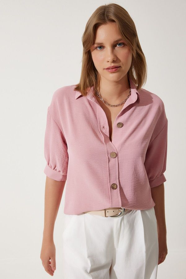 Happiness İstanbul Happiness İstanbul Women's Pink Balloon Sleeve Linen Ayrobin Shirt