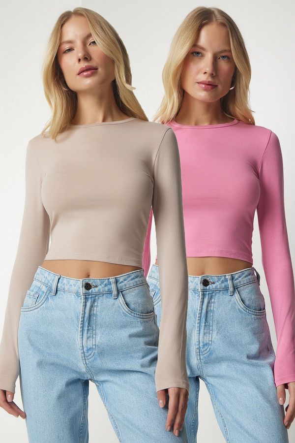 Happiness İstanbul Happiness İstanbul Women's Pink Beige Basic 2-Pack Knitted Crop Blouse
