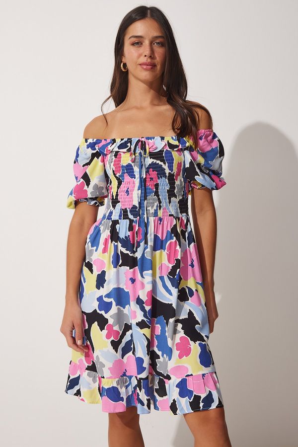 Happiness İstanbul Happiness İstanbul Women's Pink Blue Floral Gathered Carmen Collar Summer Viscose Dress