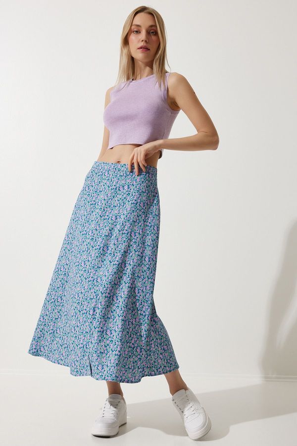 Happiness İstanbul Happiness İstanbul Women's Pink Blue Floral Slit Summer Viscose Skirt