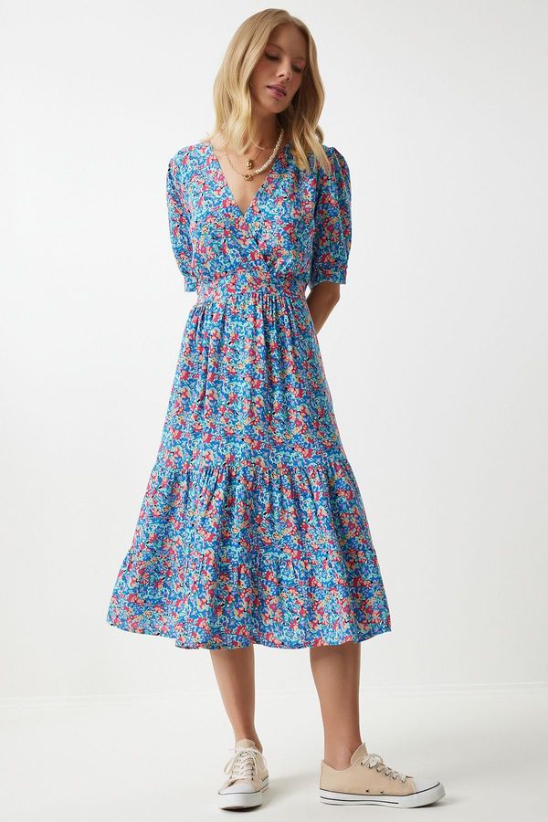 Happiness İstanbul Happiness İstanbul Women's Pink Blue Wrap Collar Floral Summer Viscose Dress