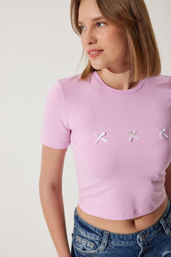 Happiness İstanbul Happiness İstanbul Women's Pink Bow Detailed Crop T-Shirt