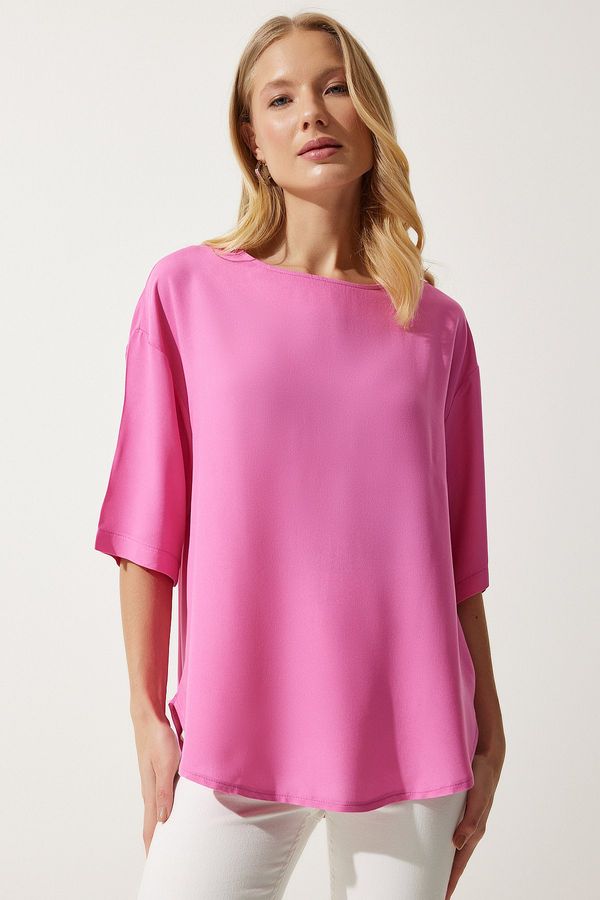 Happiness İstanbul Happiness İstanbul Women's Pink Crew Neck Flowy Viscose Blouse
