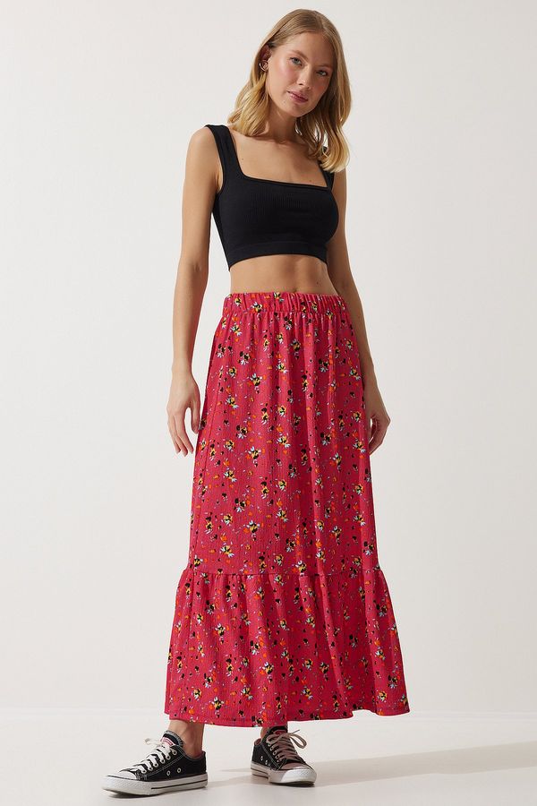 Happiness İstanbul Happiness İstanbul Women's Pink Floral Flounce Viscose Skirt