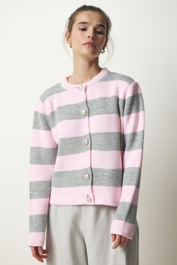 Happiness İstanbul Happiness İstanbul Women's Pink Gray Stylish Buttoned Striped Knitwear Cardigan
