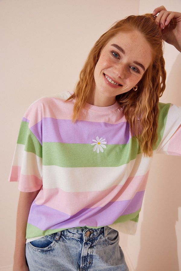 Happiness İstanbul Happiness İstanbul Women's Pink Green Floral Embroidery Striped Cotton Knitted T-Shirt