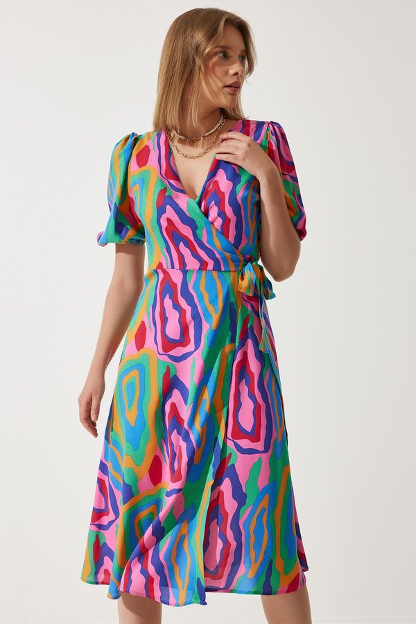 Happiness İstanbul Happiness İstanbul Women's Pink Green Patterned Summer Wrap Viscose Dress