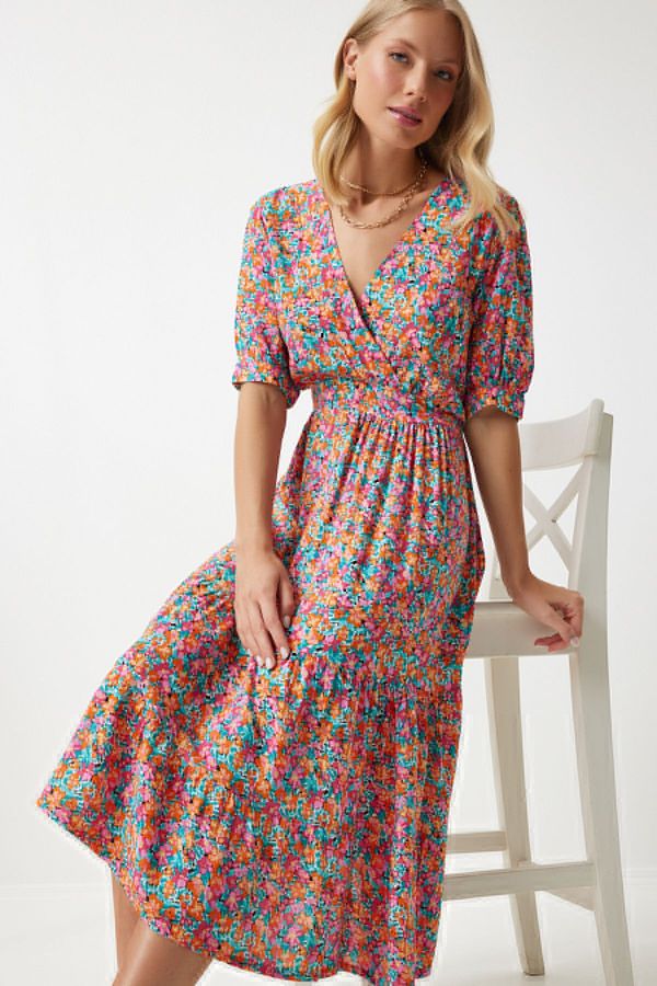 Happiness İstanbul Happiness İstanbul Women's Pink Green Wrap Collar Floral Summer Viscose Dress