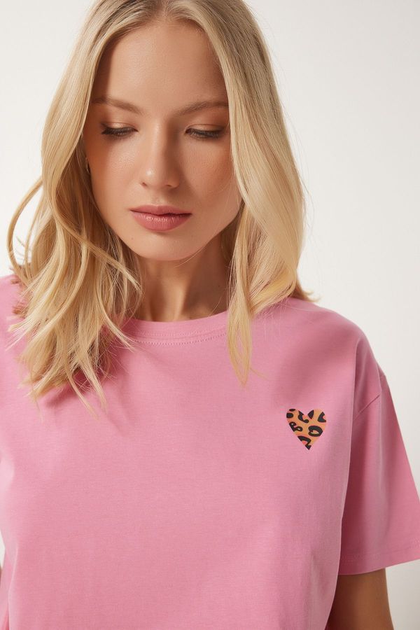 Happiness İstanbul Happiness İstanbul Women's Pink Heart Printed Cotton Short Knitted T-Shirt