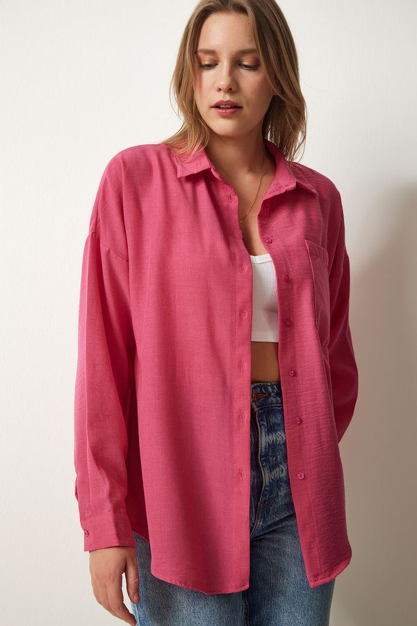 Happiness İstanbul Happiness İstanbul Women's Pink Oversize Linen Ayrobin Shirt