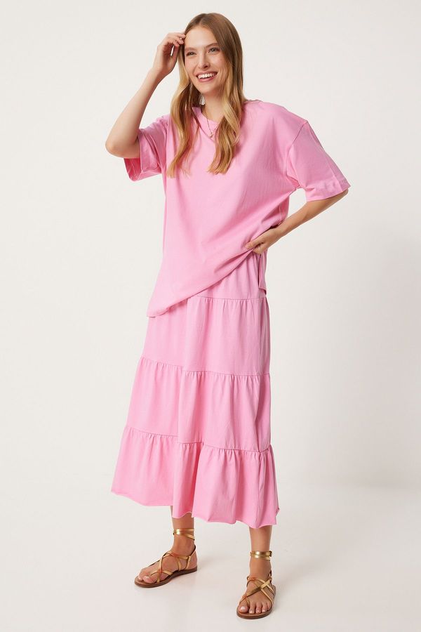 Happiness İstanbul Happiness İstanbul Women's Pink Oversize T-Shirt Flounce Knitted Skirt Set