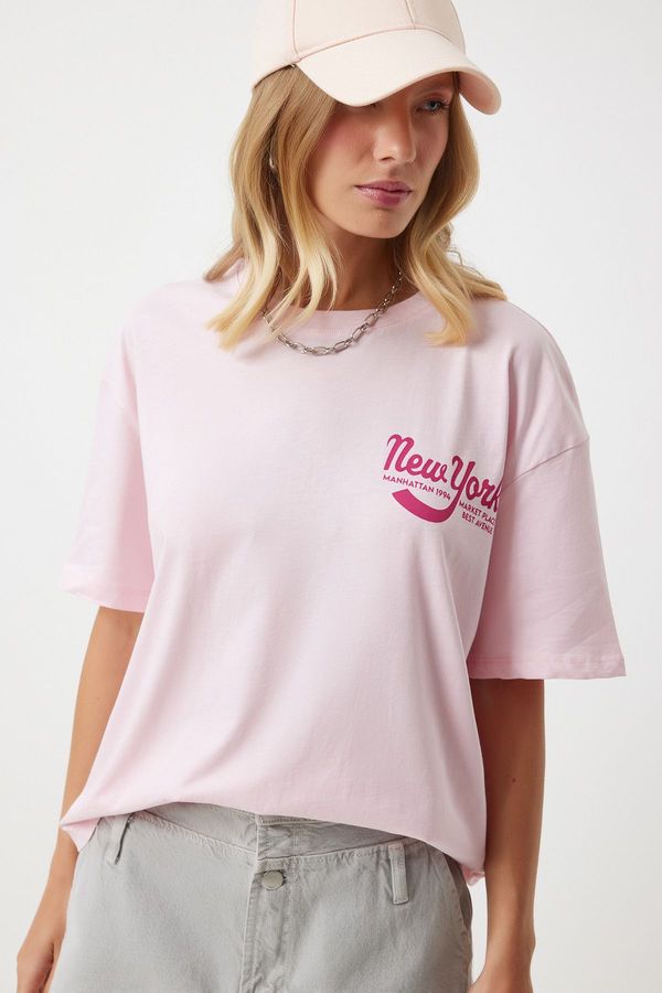Happiness İstanbul Happiness İstanbul Women's Pink Printed Oversize Knitted T-Shirt