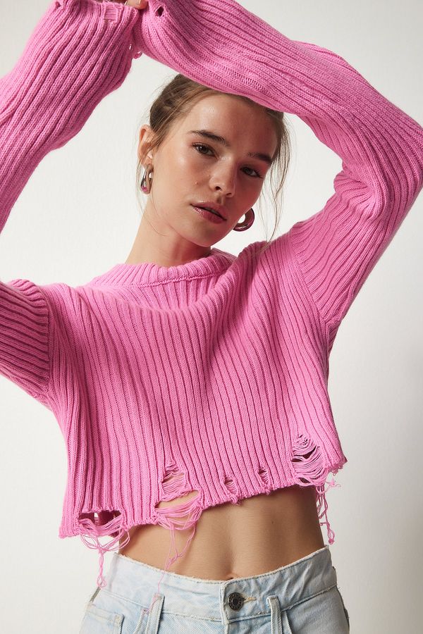 Happiness İstanbul Happiness İstanbul Women's Pink Ripped Detail Knitwear Crop Sweater