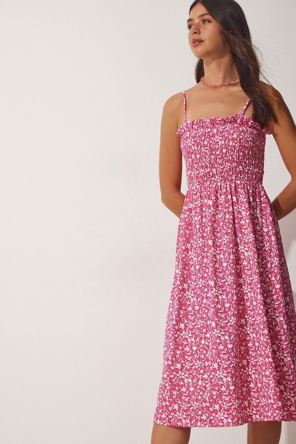 Happiness İstanbul Happiness İstanbul Women's Pink Strappy Floral Summer Viscose Dress