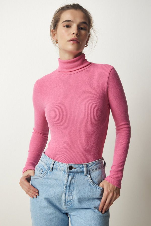 Happiness İstanbul Happiness İstanbul Women's Pink Turtleneck Corded Knitted Blouse