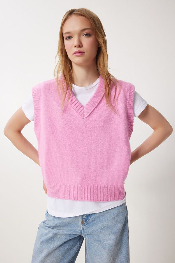 Happiness İstanbul Happiness İstanbul Women's Pink V Neck Knitted Sweater