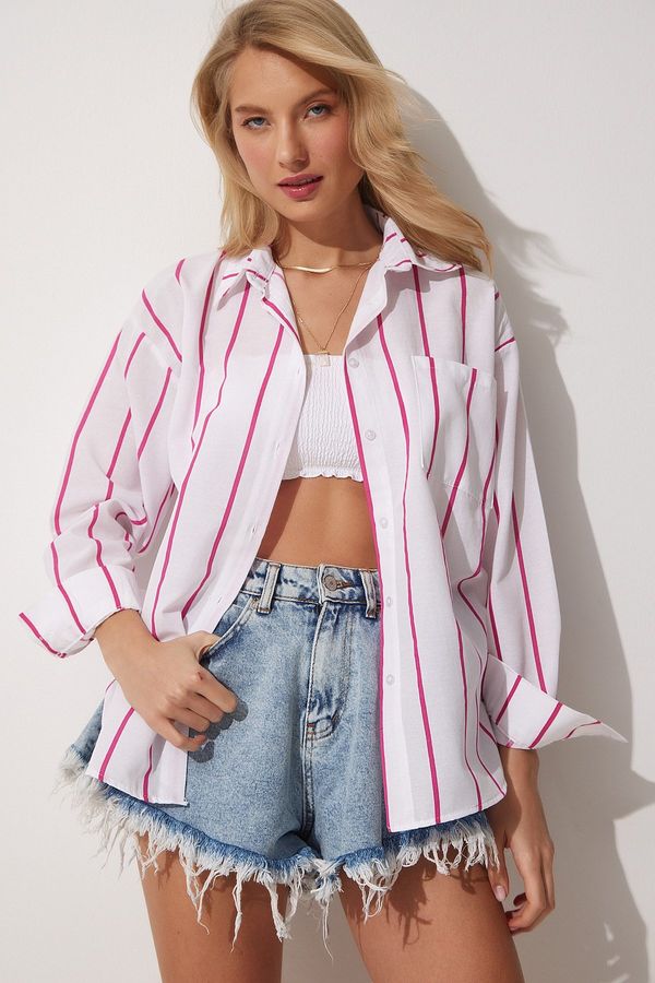 Happiness İstanbul Happiness İstanbul Women's Pink White Striped Oversize Long Cotton Shirt
