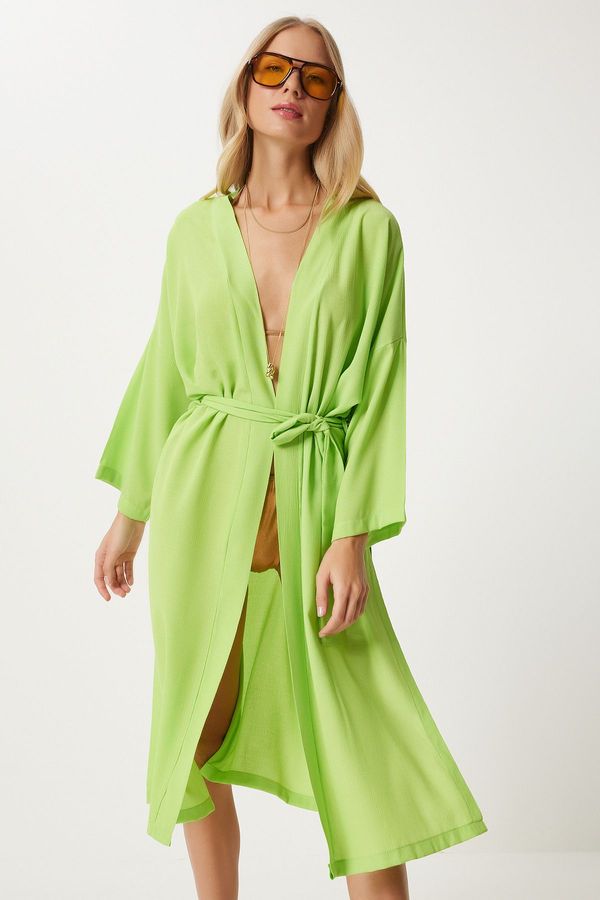 Happiness İstanbul Happiness İstanbul Women's Pistachio Green Belted Crinkle Viscose Kimono