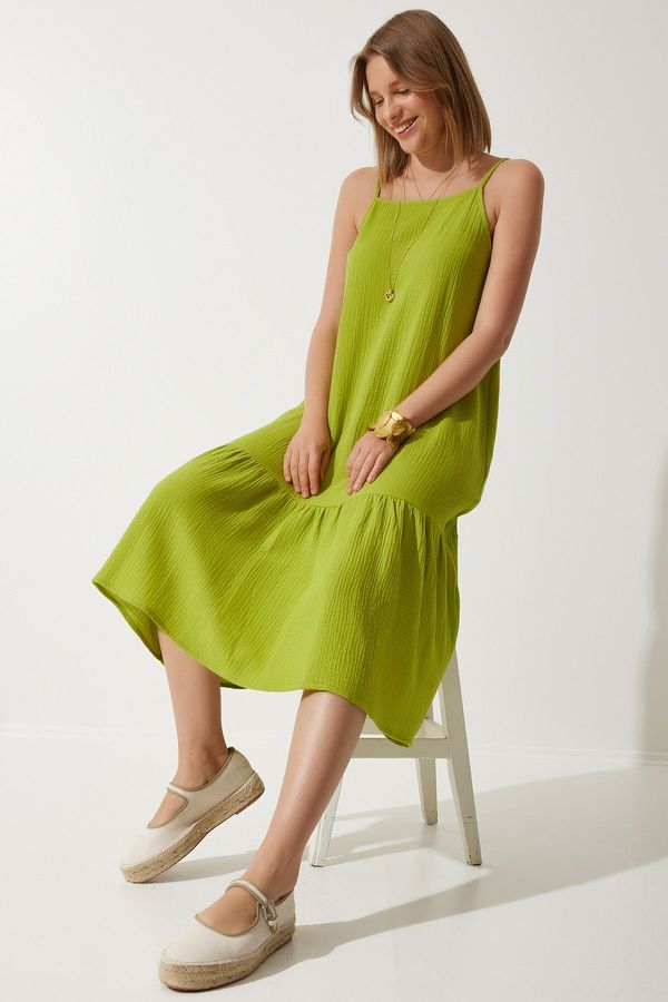 Happiness İstanbul Happiness İstanbul Women's Pistachio Green Strappy Summer Loose Muslin Dress