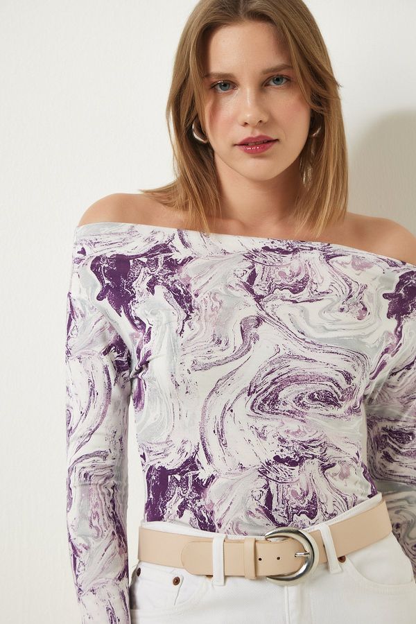 Happiness İstanbul Happiness İstanbul Women's Purple Boat Neck Patterned Viscose Knitted Blouse
