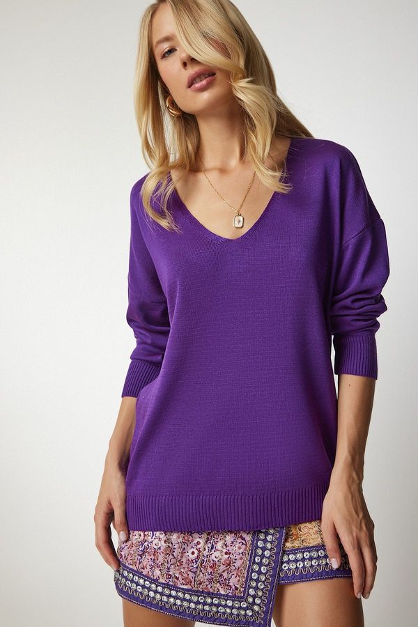 Happiness İstanbul Happiness İstanbul Women's Purple V-Neck Thin Knitwear Sweater