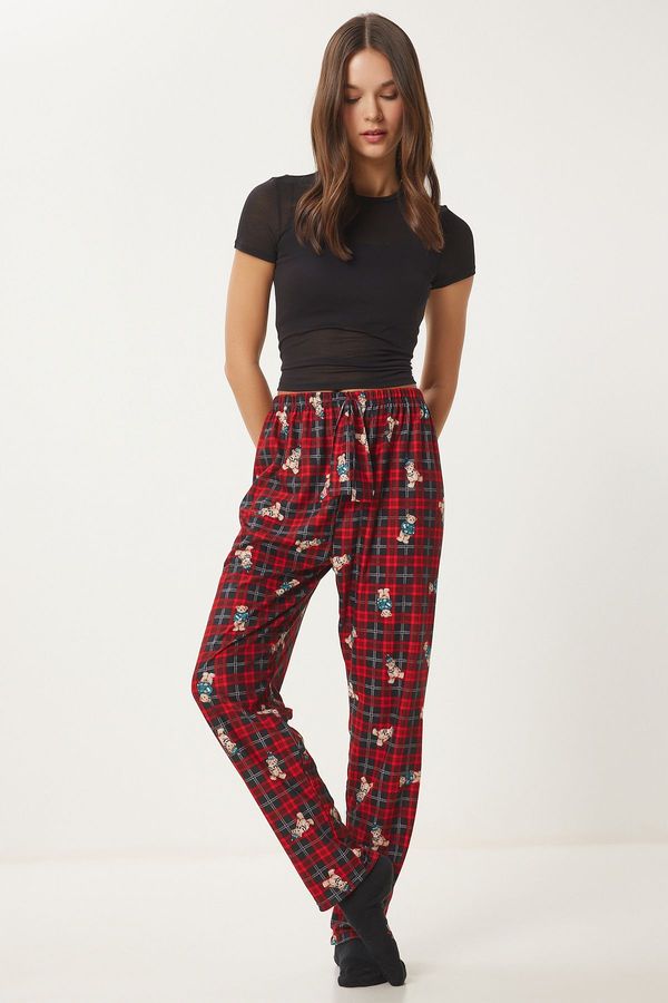 Happiness İstanbul Happiness İstanbul Women's Red Black Patterned Soft Texture Knitted Pajama Bottoms
