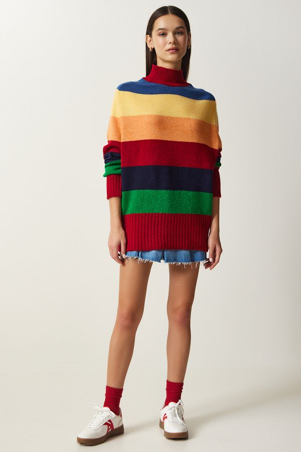 Happiness İstanbul Happiness İstanbul Women's Red Block Color Striped Oversize Knitwear Sweater