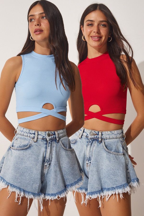 Happiness İstanbul Happiness İstanbul Women's Red Blue 2 Pack Barbell Neck Ribbed Crop Knitted Blouse