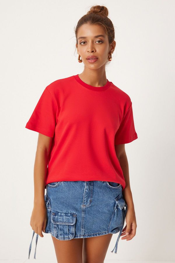 Happiness İstanbul Happiness İstanbul Women's Red Crew Neck 100% Cotton Combed T-Shirt