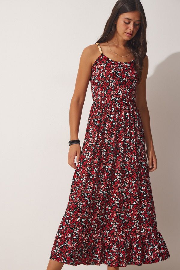 Happiness İstanbul Happiness İstanbul Women's Red Floral Strappy Summer Knitted Dress