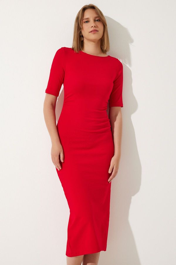Happiness İstanbul Happiness İstanbul Women's Red Gather Detailed Summer Knitted Dress