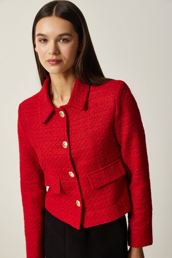 Happiness İstanbul Happiness İstanbul Women's Red Gold Buttoned Tweed Woven Jacket