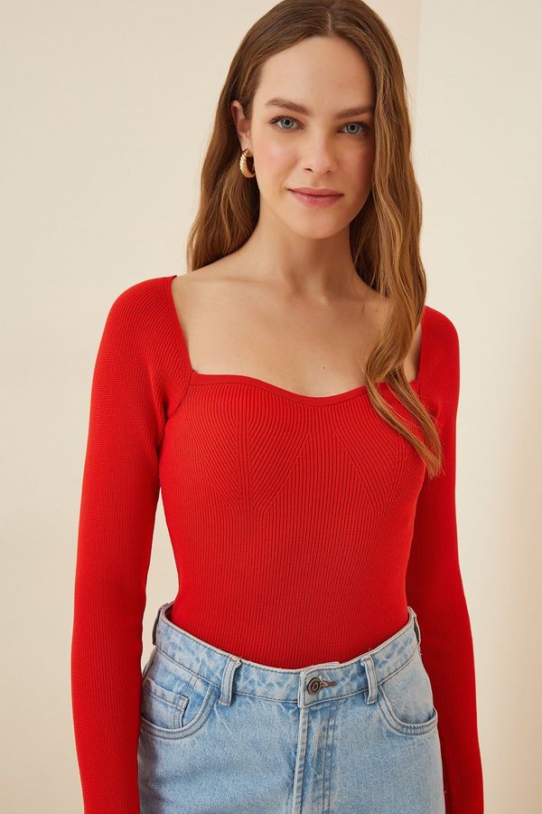 Happiness İstanbul Happiness İstanbul Women's Red Heart Neck Ribbed Knitwear Sweater