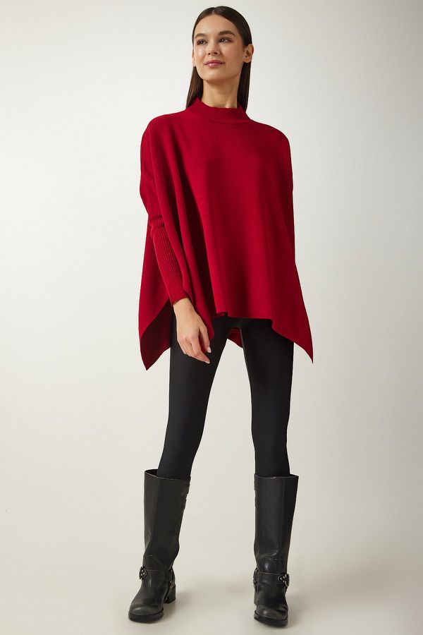 Happiness İstanbul Happiness İstanbul Women's Red High Neck Slit Knitwear Poncho Sweater