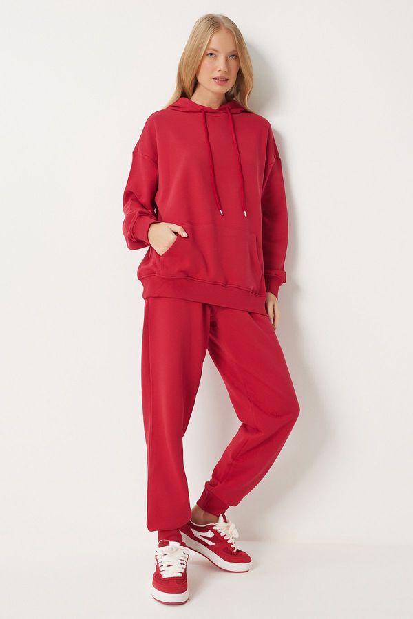 Happiness İstanbul Happiness İstanbul Women's Red Hooded Sweatshirt Jogger Oversize Knitted Tracksuit
