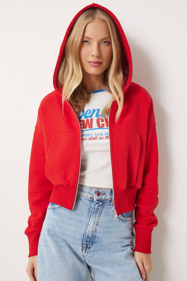 Happiness İstanbul Happiness İstanbul Women's Red Hooded Zippered Sweatshirt