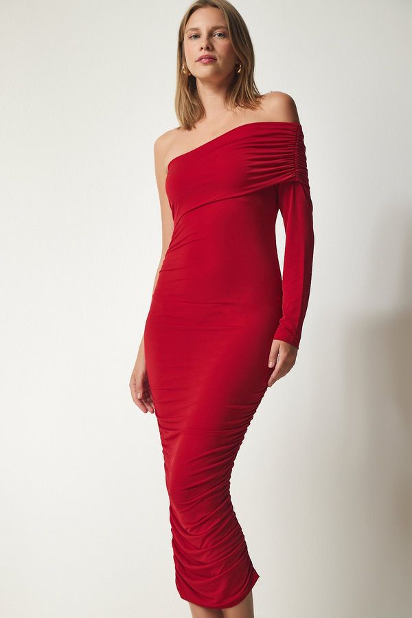 Happiness İstanbul Happiness İstanbul Women's Red One-Shoulder Gathered Sandy Dress