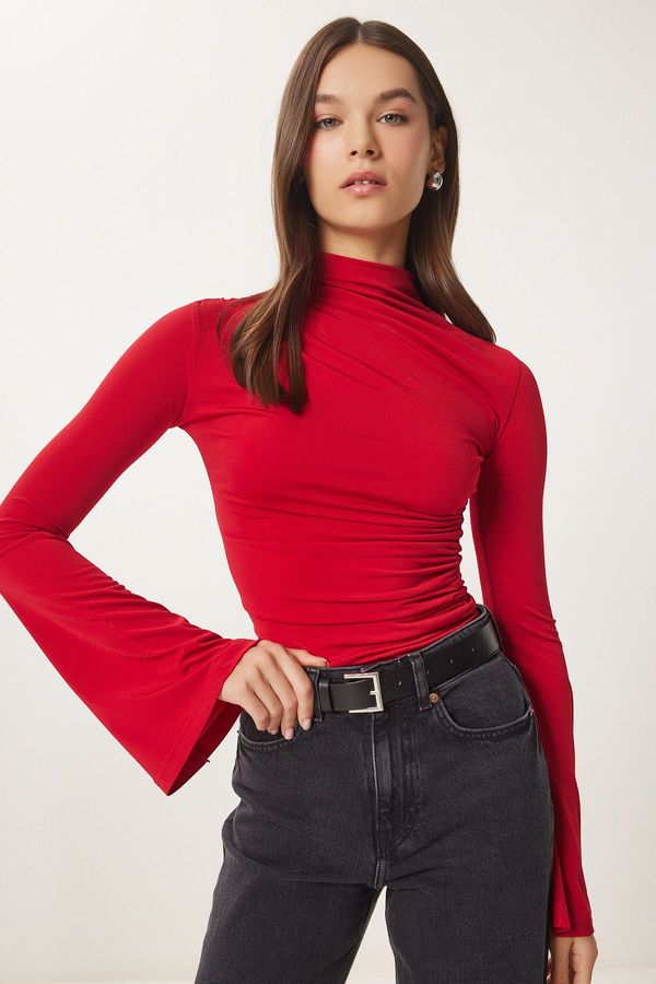 Happiness İstanbul Happiness İstanbul Women's Red Spanish Sleeve Drawstring Sandy Knitted Blouse