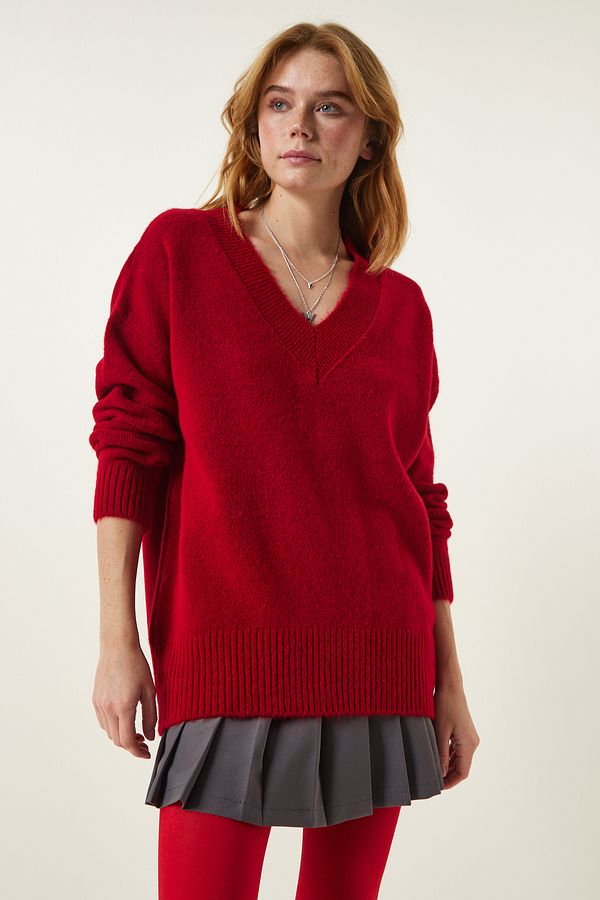 Happiness İstanbul Happiness İstanbul Women's Red V-Neck Oversize Knitwear Sweater