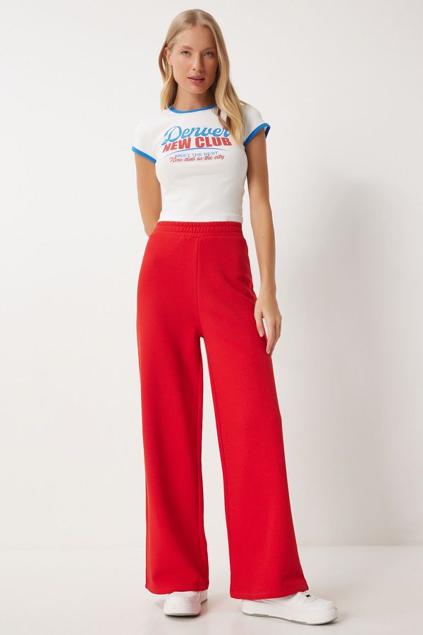 Happiness İstanbul Happiness İstanbul Women's Red Wide Leg Thick Sweatpants with Raised Legs