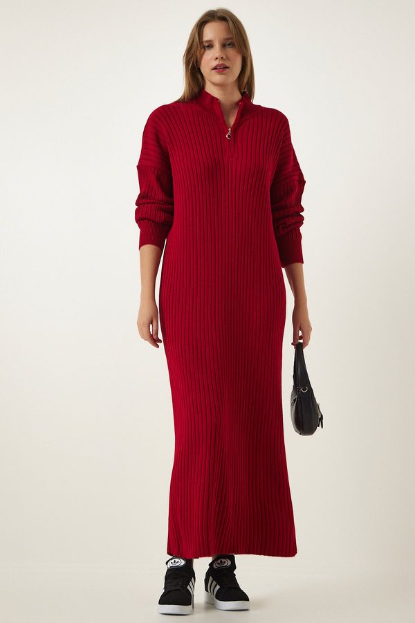 Happiness İstanbul Happiness İstanbul Women's Red Zipper Collar Ribbed Long Knitwear Dress