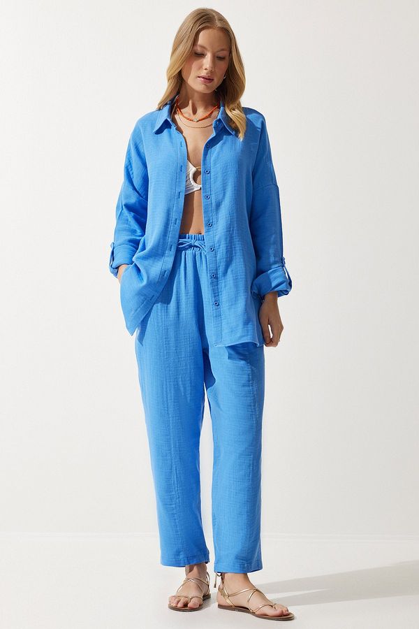 Happiness İstanbul Happiness İstanbul Women's Sky Blue Oversize Muslin Shirt Pants Suit