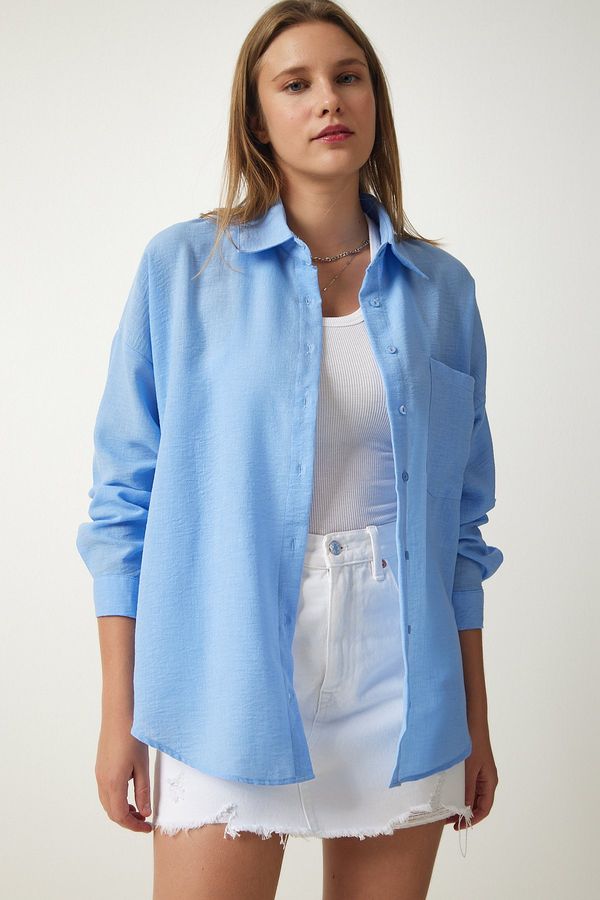 Happiness İstanbul Happiness İstanbul Women's Sky Blue Oversized Linen Airon Shirt