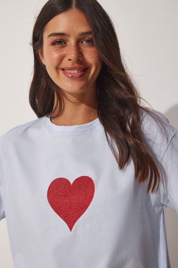 Happiness İstanbul Happiness İstanbul Women's Sky Blue Sparkling Heart Printed Oversize Knitted T-Shirt