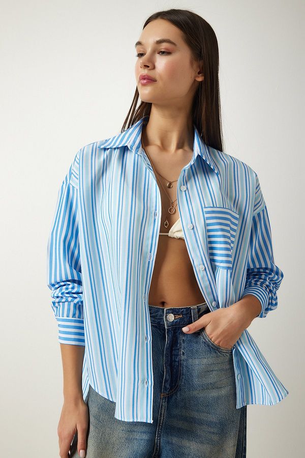 Happiness İstanbul Happiness İstanbul Women's Sky Blue Striped Oversize Cotton Woven Shirt