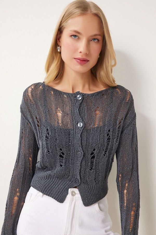 Happiness İstanbul Happiness İstanbul Women's Smoke Openwork Seasonal Knitwear Cardigan