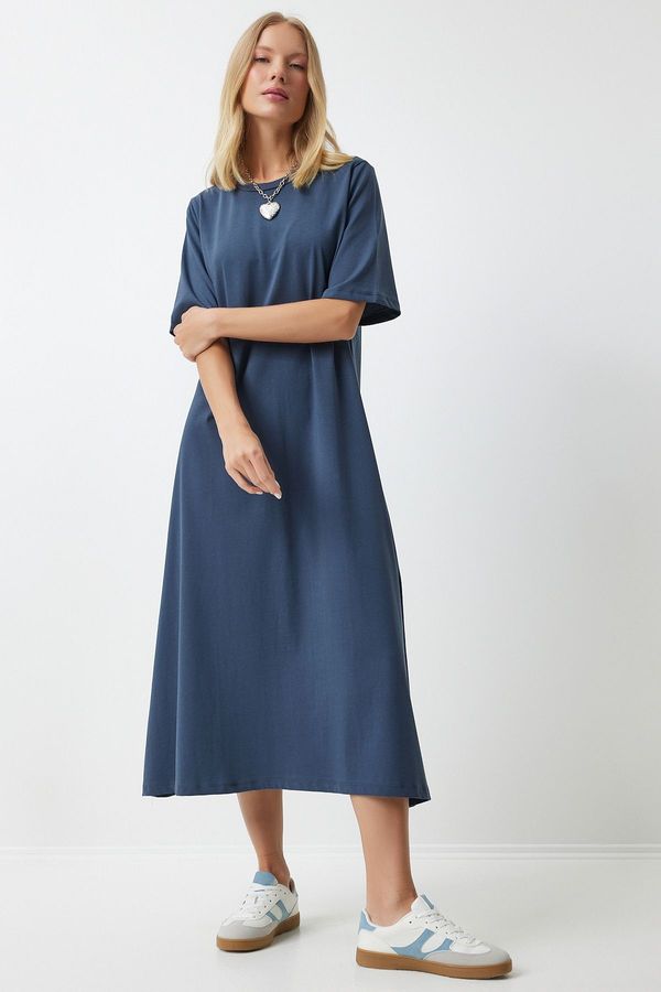 Happiness İstanbul Happiness İstanbul Women's Smoked Crew Neck Loose Comfortable Combed Cotton Dress