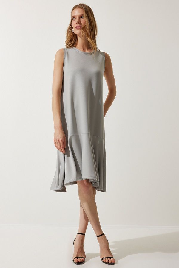 Happiness İstanbul Happiness İstanbul Women's Stone Gray Crew Neck Knitted Flounce A-Line Dress