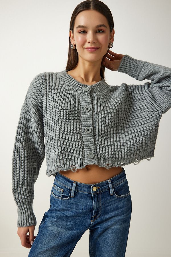 Happiness İstanbul Happiness İstanbul Women's Stone Ripped Detailed Buttoned Crop Knitwear Cardigan