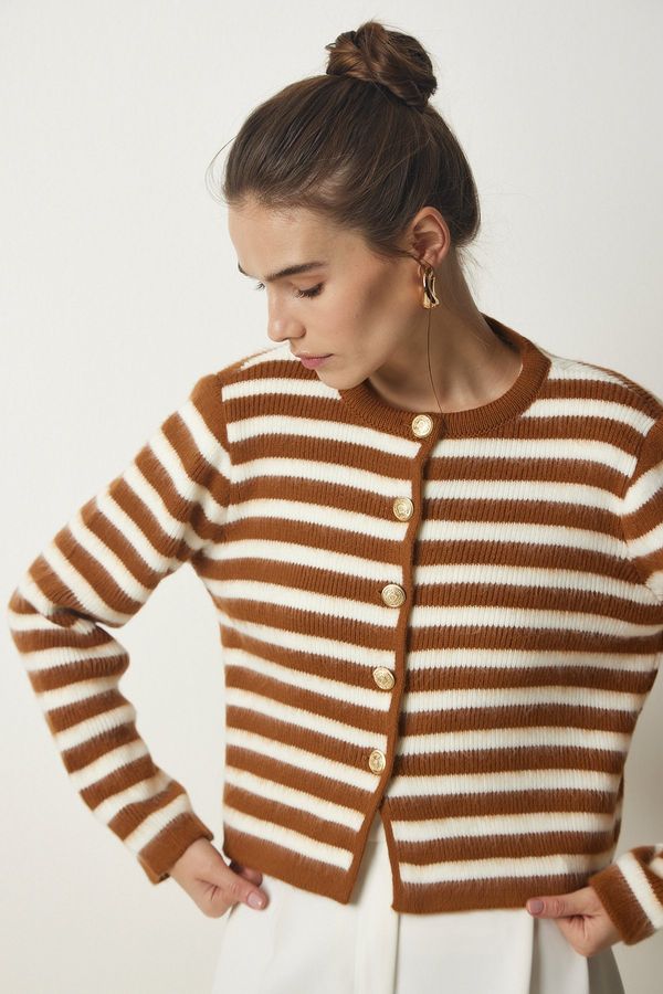 Happiness İstanbul Happiness İstanbul Women's Tile Metal Button Detailed Striped Knitwear Cardigan